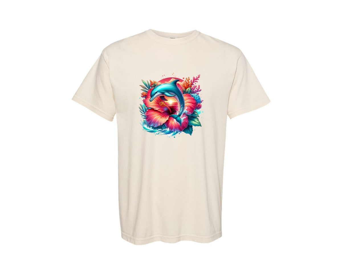 brand:Comfort Colors|color:Ivory|Dolphin Tropical Hibiscus Flower Graphic T-Shirt