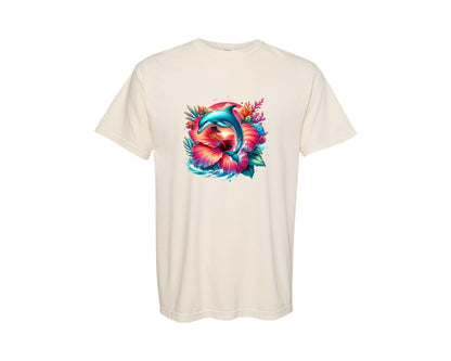 brand:Comfort Colors|color:Ivory|Dolphin Tropical Hibiscus Flower Graphic T-Shirt