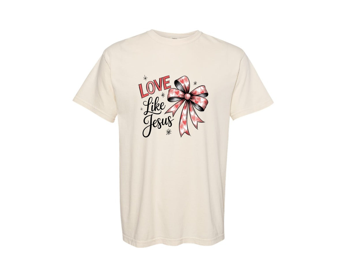 brand:Comfort Colors|color:Ivory|Love Like Jesus Coquette Valentine 10 Graphic T-Shirt