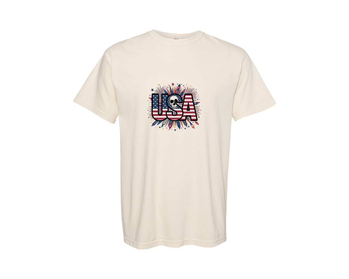 brand:Comfort Colors|color:Ivory|Usa Skull Fireworks 4Th Of July T Shirt 2 Graphic T-Shirt