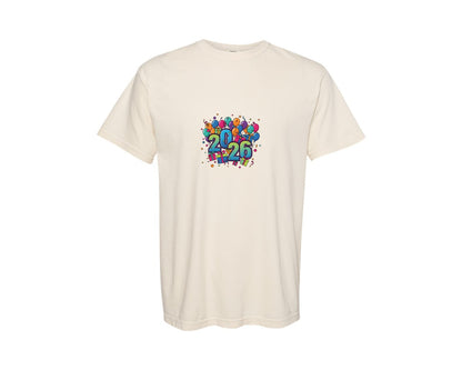 brand:Comfort Colors|color:Ivory|Happy New Year 2026 Balloons Gifts Graphic T-Shirt