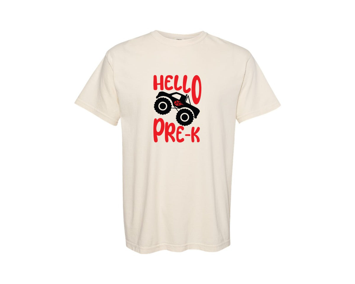 brand:Comfort Colors|color:Ivory|Hello Pre K Monster Truck Graphic T-Shirt