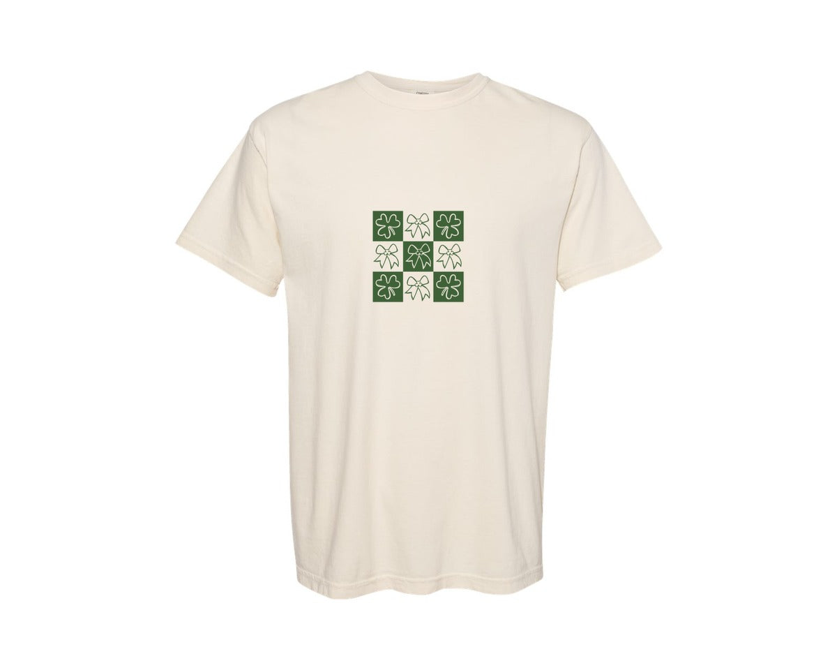 brand:Comfort Colors|color:Ivory|Checkered Bow Coquette St Patricks Day 3 Graphic T-Shirt