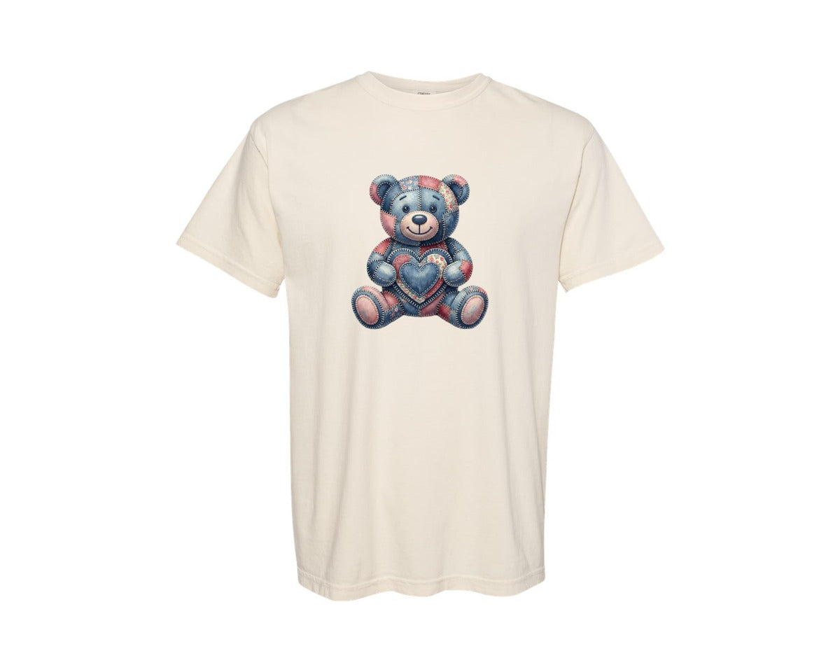 brand:Comfort Colors|color:Ivory|Valentine Patchwork Teddy Bear Graphic T-Shirt