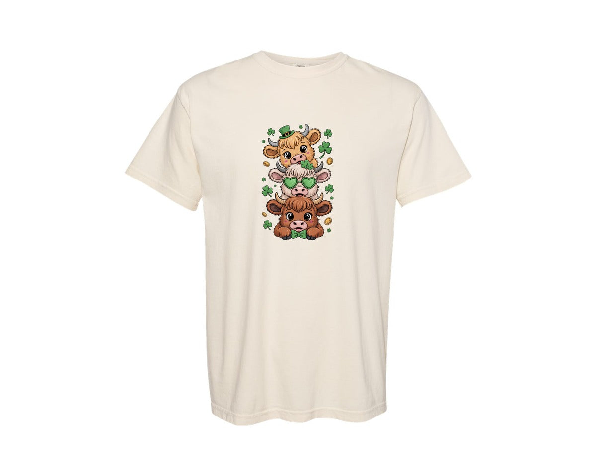 brand:Comfort Colors|color:Ivory|St Patricks Day Highland Cute Cow Graphic T-Shirt