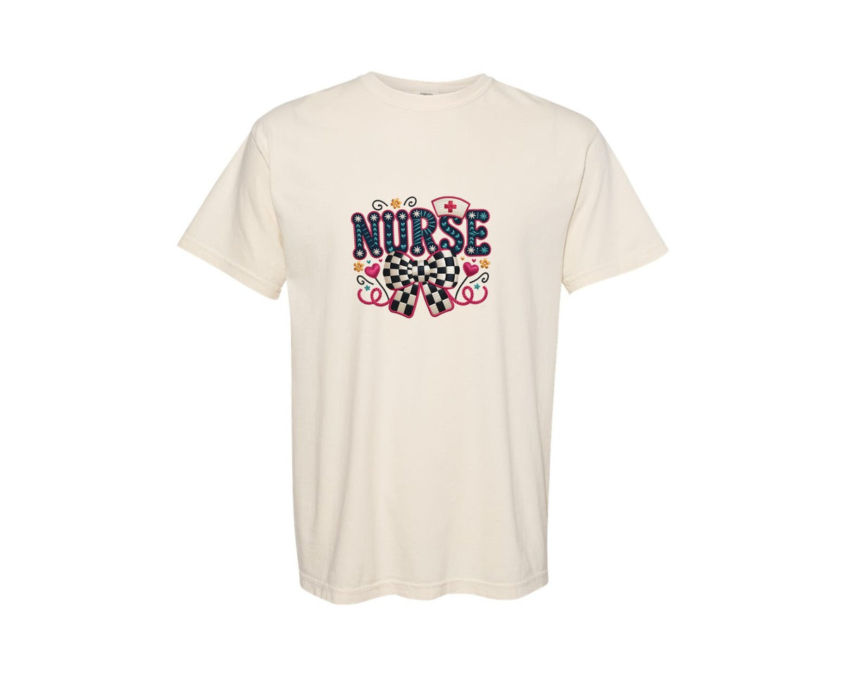 brand:Comfort Colors|color:Ivory|Faux Yarn Nurse Life Coquette Bow Shirt 2 Graphic T-Shirt