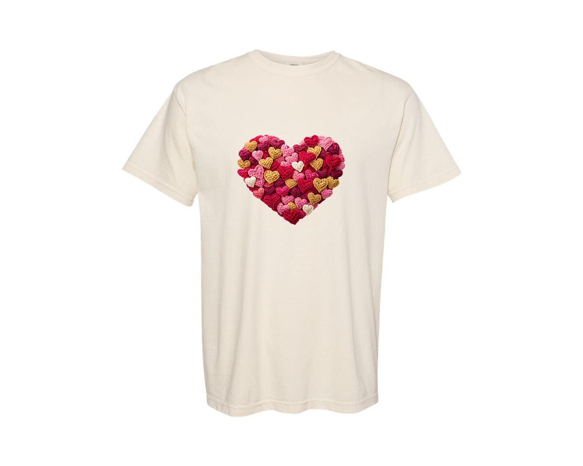 brand:Comfort Colors|color:Ivory|Faux Yarn Crochet Valentine Heart Graphic T-Shirt