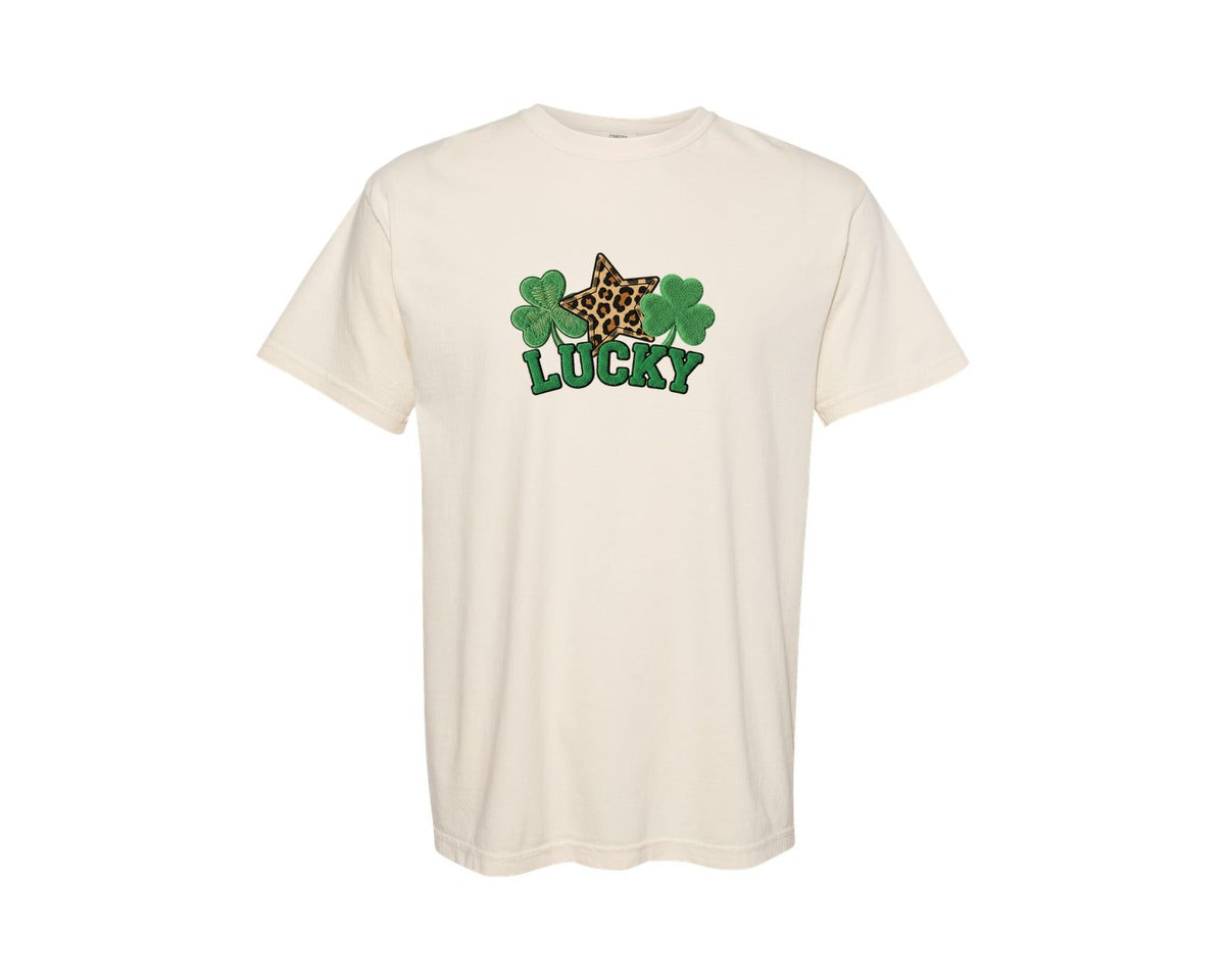 brand:Comfort Colors|color:Ivory|Cozy Lucky Yarn Knitted Style Graphic T-Shirt