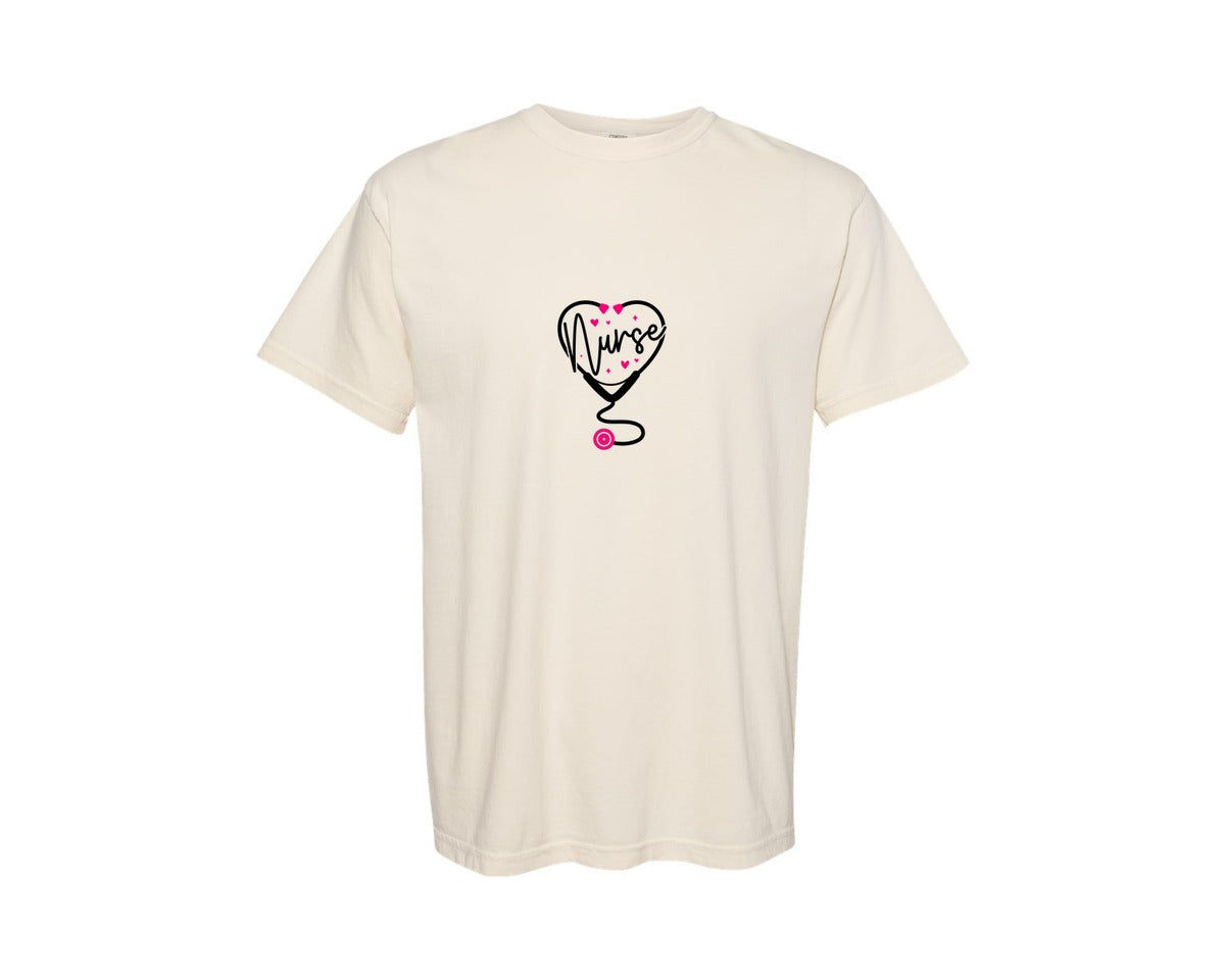 brand:Comfort Colors|color:Ivory|Valentine Nurse Print Heart Graphic T-Shirt
