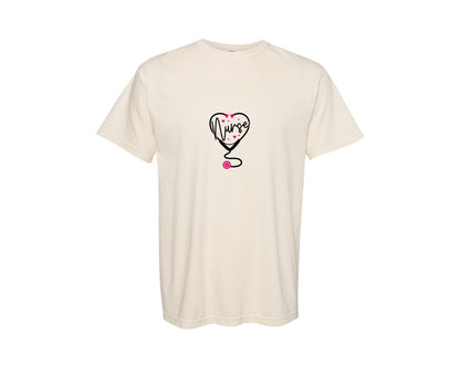 brand:Comfort Colors|color:Ivory|Valentine Nurse Print Heart Graphic T-Shirt