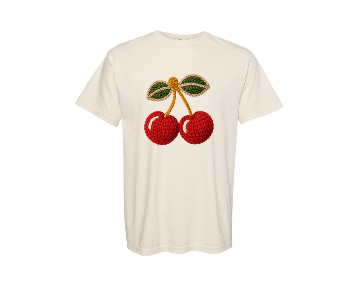 brand:Comfort Colors|color:Ivory|Cute Cherry Faux Yarn Graphic T-Shirt