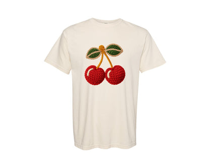 brand:Comfort Colors|color:Ivory|Cute Cherry Faux Yarn Graphic T-Shirt