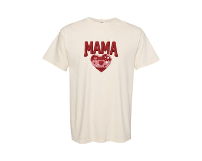 brand:Comfort Colors|color:Ivory|Faux Yarn Knitted Mama Love Heart Graphic T-Shirt