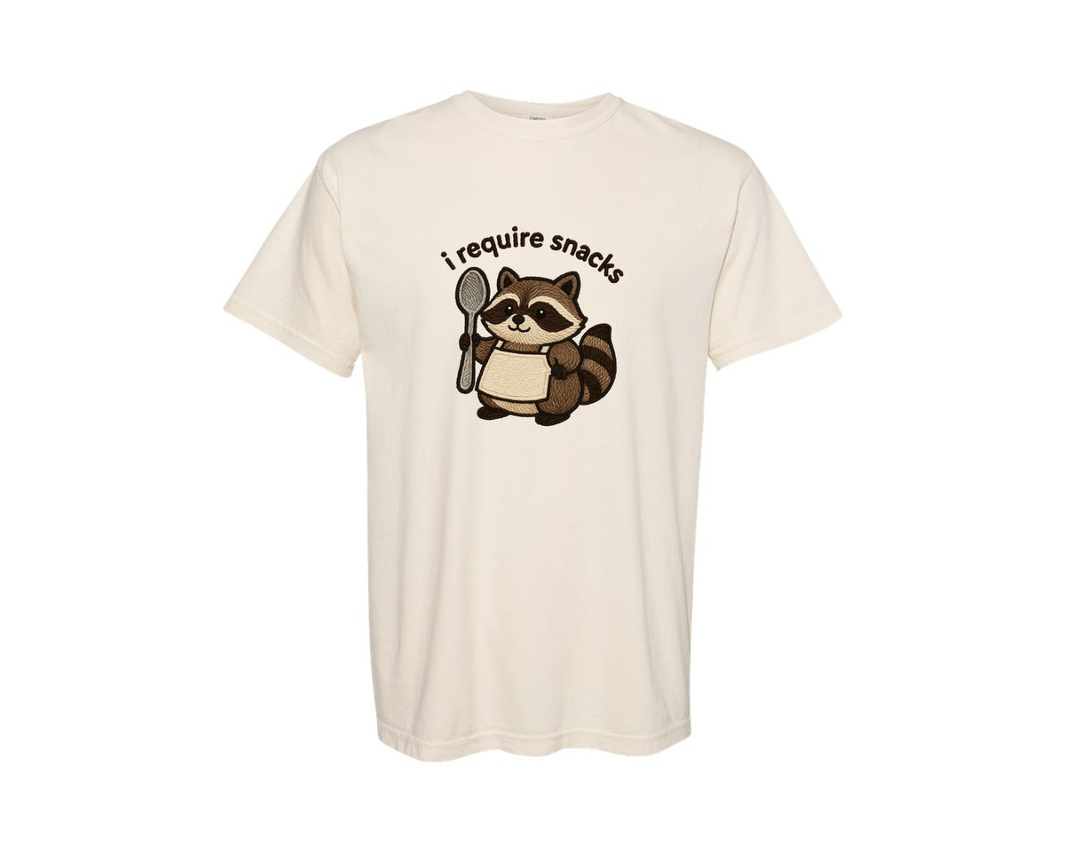 brand:Comfort Colors|color:Ivory|I Require Snacks Fat Raccoon Shirt Graphic T-Shirt