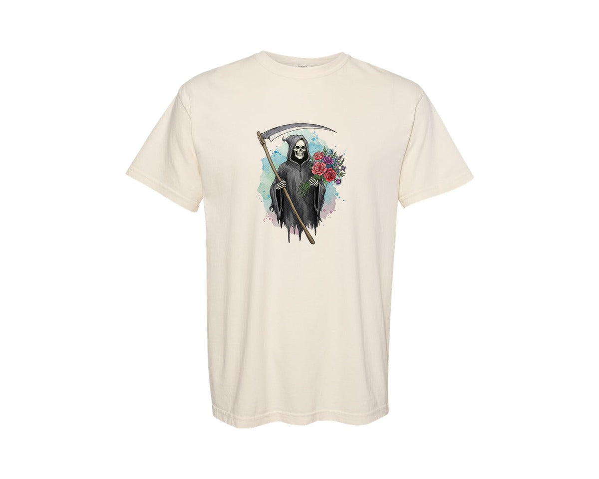 brand:Comfort Colors|color:Ivory|Grim Reaper With Flowers Gothic Graphic T-Shirt