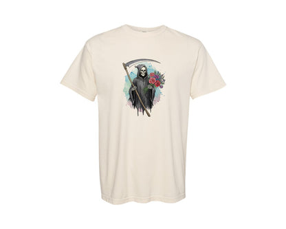 brand:Comfort Colors|color:Ivory|Grim Reaper With Flowers Gothic Graphic T-Shirt