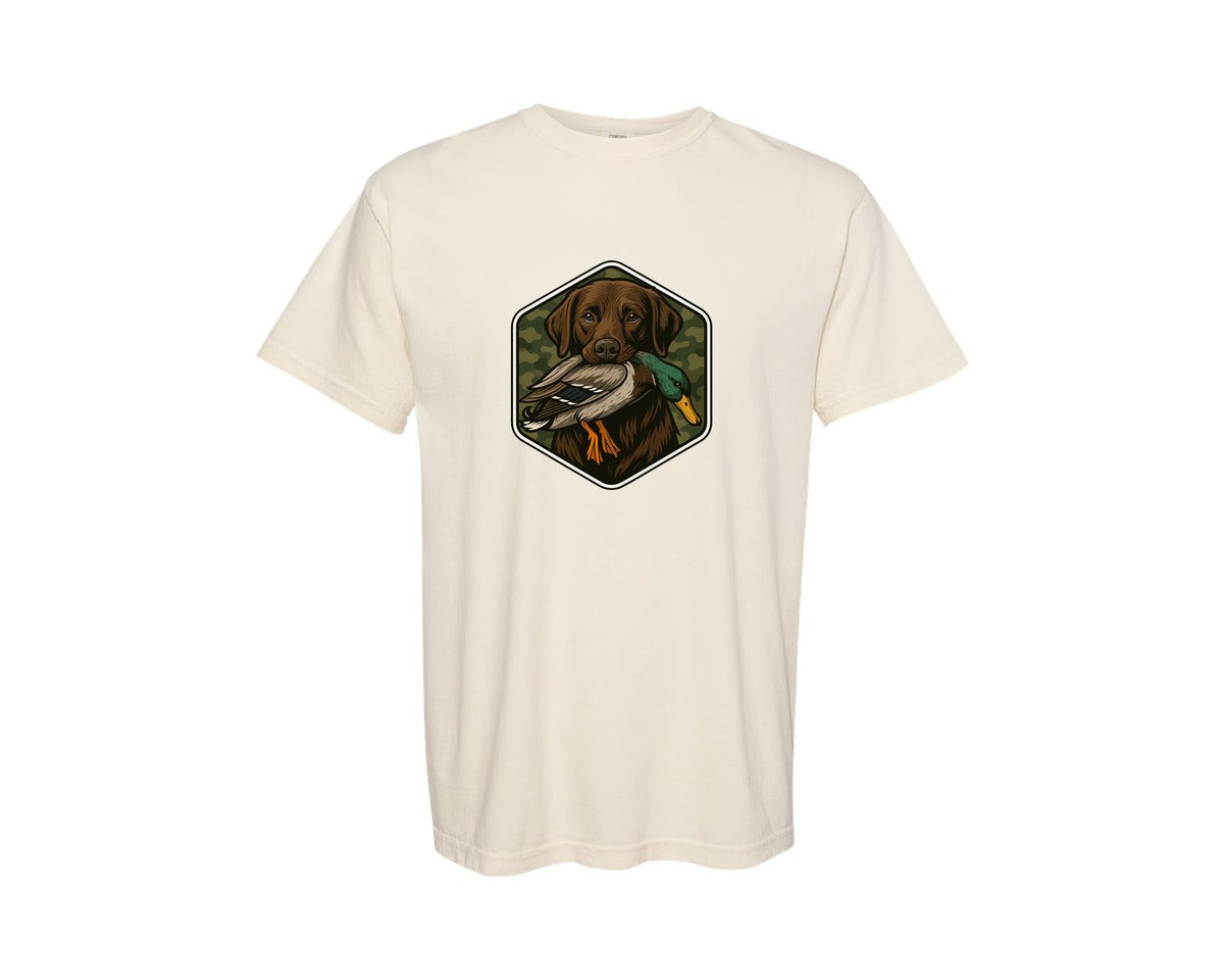 brand:Comfort Colors|color:Ivory|Camo Hunting Dog With Duck Graphic T-Shirt