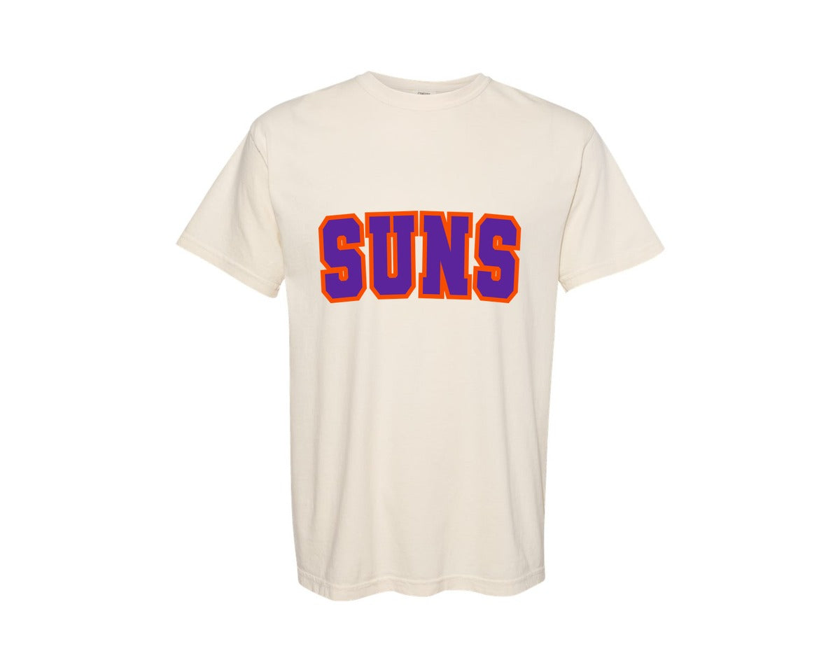 brand:Comfort Colors|color:Ivory|Suns Varsity Curved Purple And Orange Graphic T-Shirt