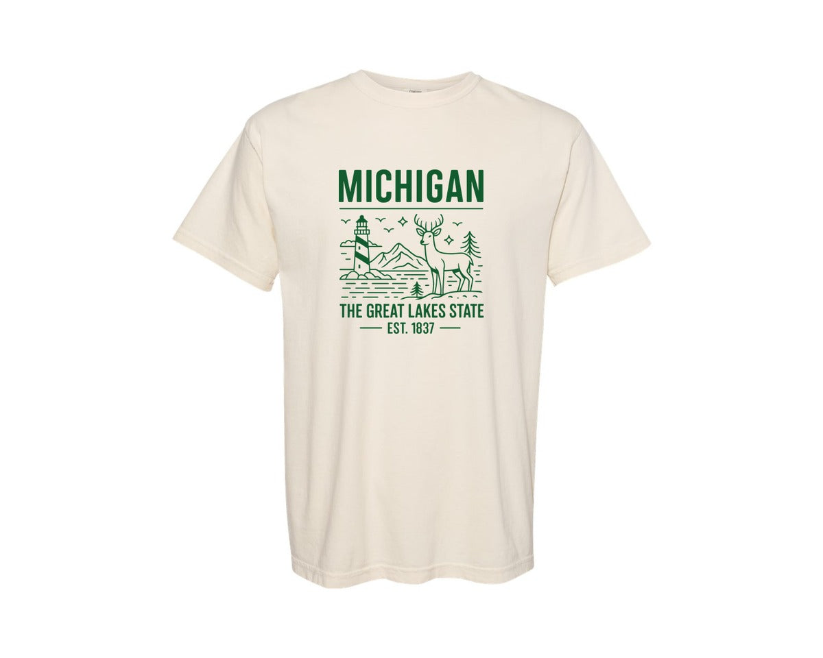 brand:Comfort Colors|color:Ivory|Michigan The Great Lakes State 3 Graphic T-Shirt