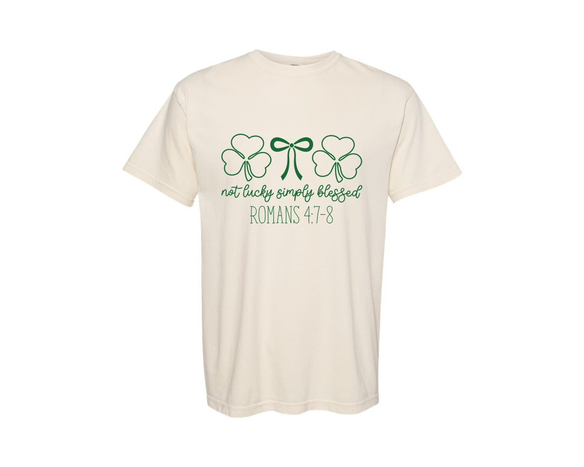 brand:Comfort Colors|color:Ivory|Not Lucky Simply Blessed Christ Graphic T-Shirt