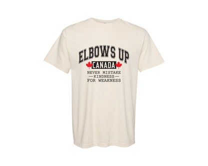 brand:Comfort Colors|color:Ivory|Elbows Up Canada Never Mistake Kindn Graphic T-Shirt