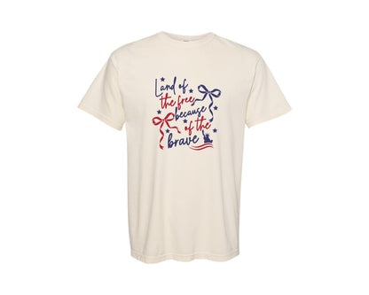brand:Comfort Colors|color:Ivory|Land Of The Free Patriotic Bow American Graphic T-Shirt