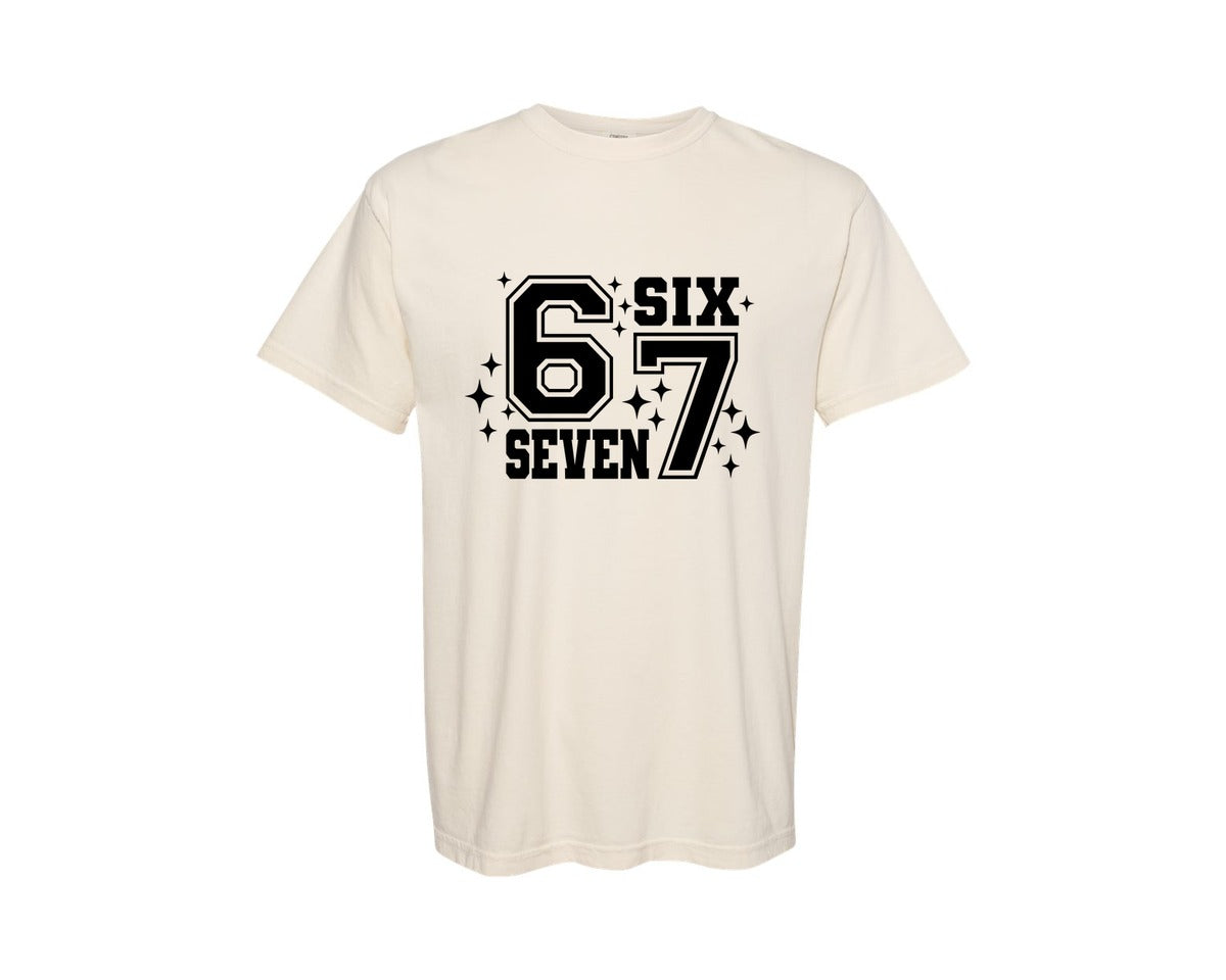 brand:Comfort Colors|color:Ivory|Six Seven With Sparkles Varsity Font Graphic T-Shirt