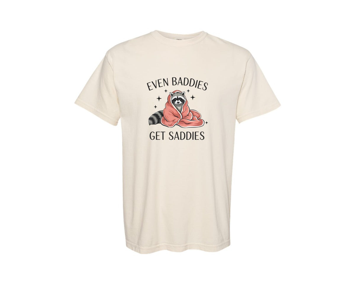 brand:Comfort Colors|color:Ivory|Even Baddies Get Saddies Raccoon Graphic T-Shirt