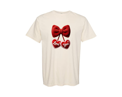 brand:Comfort Colors|color:Ivory|Fuzzy Bow With Love You Heart Decor Graphic T-Shirt