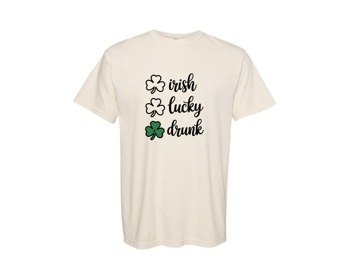 brand:Comfort Colors|color:Ivory|Irish Lucky Drunk Lucky Graphic T-Shirt