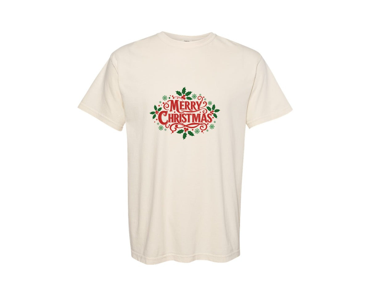brand:Comfort Colors|color:Ivory|Vintage Merry Christmas Holly Design Graphic T-Shirt