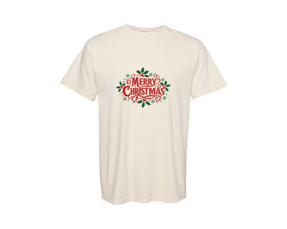brand:Comfort Colors|color:Ivory|Vintage Merry Christmas Holly Design Graphic T-Shirt