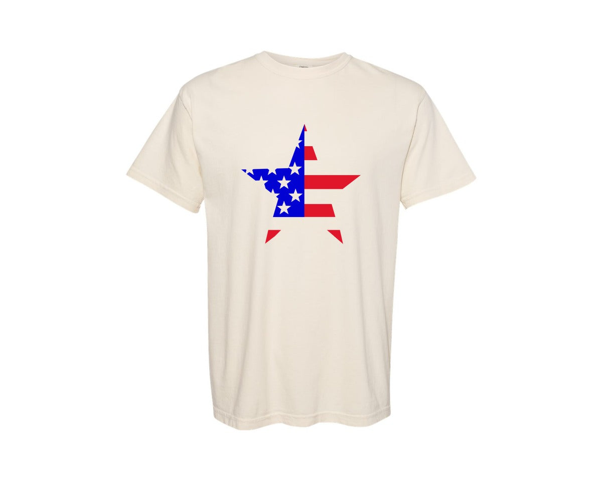 brand:Comfort Colors|color:Ivory|Patriotic Star Emblem With American Flag Graphic T-Shirt