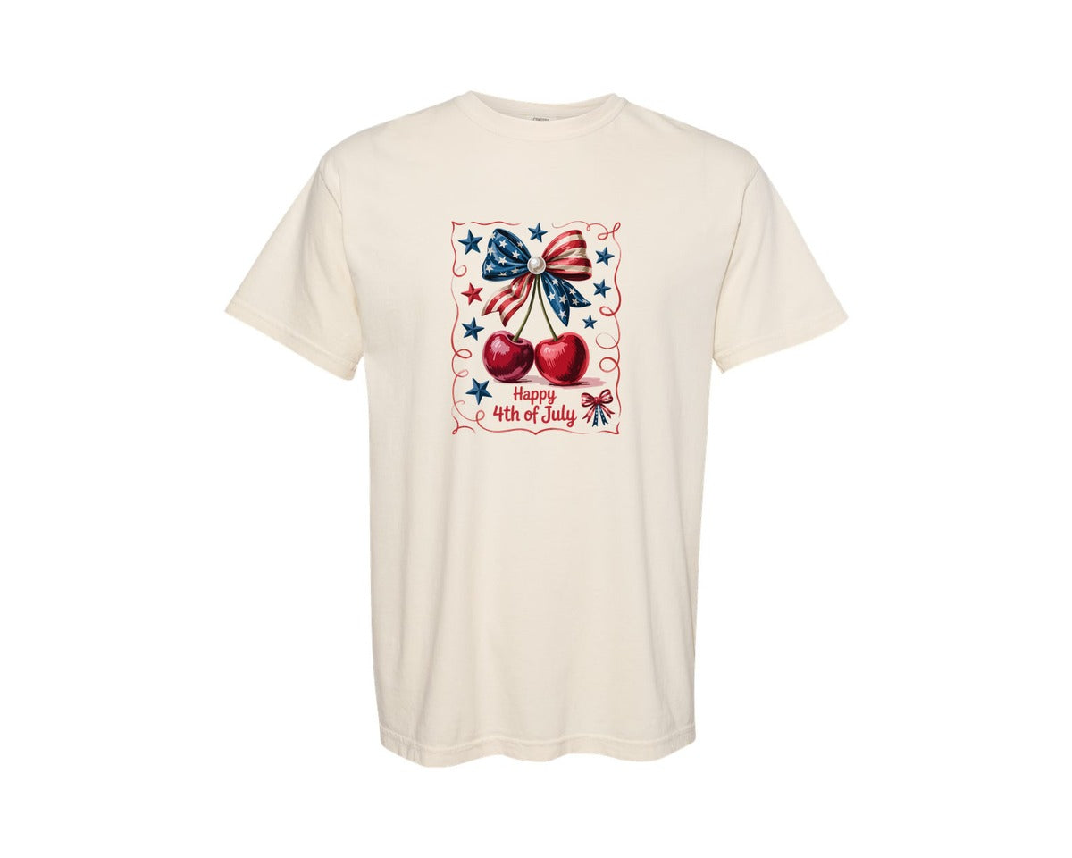 brand:Comfort Colors|color:Ivory|4Th Of July Cherry Patriotic Bow Graphic T-Shirt