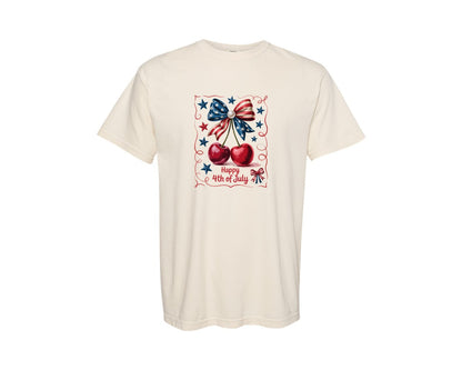 brand:Comfort Colors|color:Ivory|4Th Of July Cherry Patriotic Bow Graphic T-Shirt