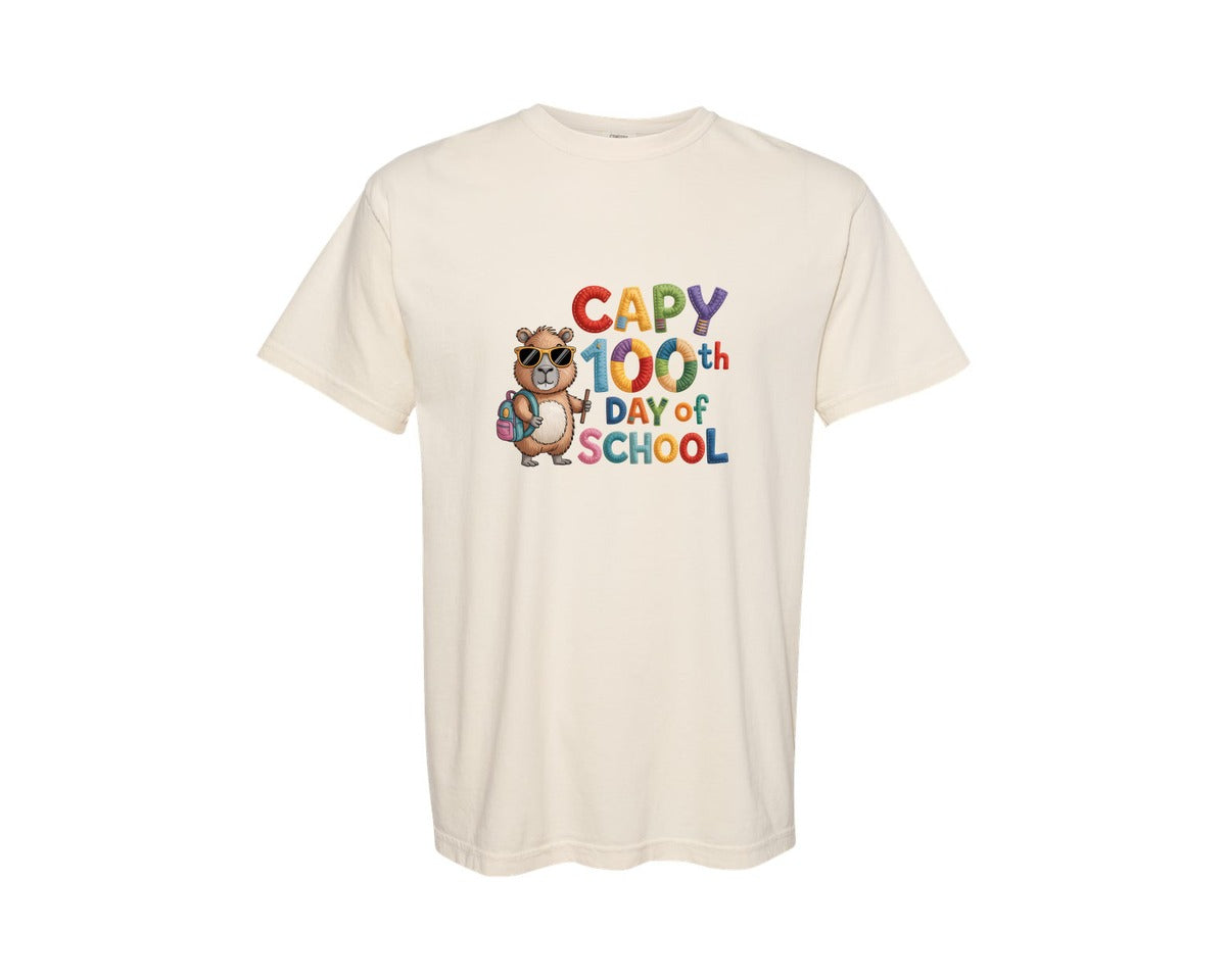 brand:Comfort Colors|color:Ivory|Funny Capy 100Th Day Of School 2 Graphic T-Shirt