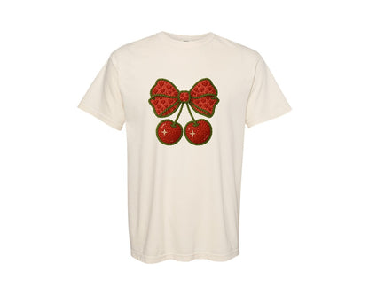 brand:Comfort Colors|color:Ivory|Latch Hook Faux Yarn Cherry Bow 3 Graphic T-Shirt