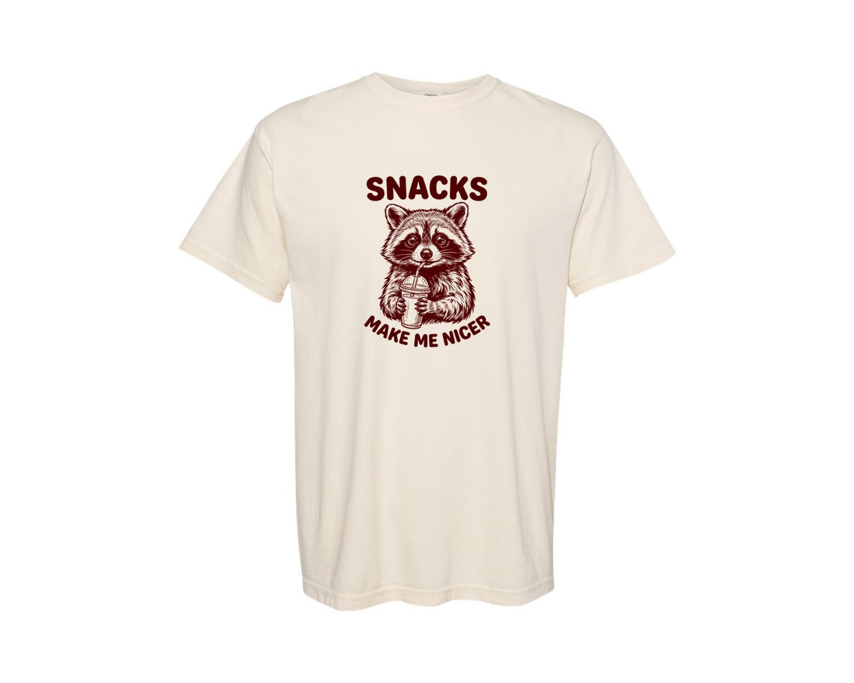 brand:Comfort Colors|color:Ivory|Raccoon Snacks Make Me Nicer Design Graphic T-Shirt