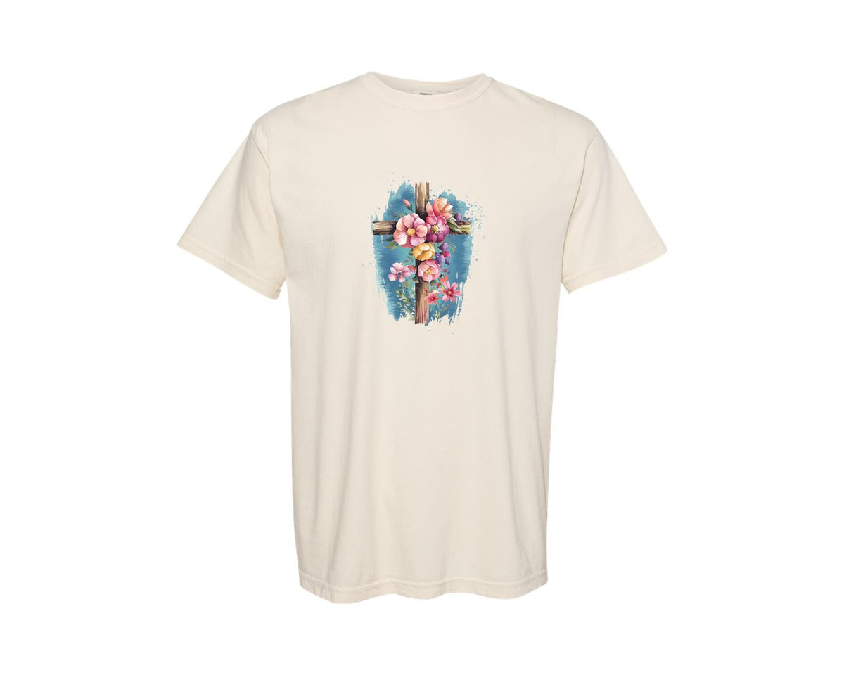 brand:Comfort Colors|color:Ivory|Floral Christian Cross Graphic T-Shirt