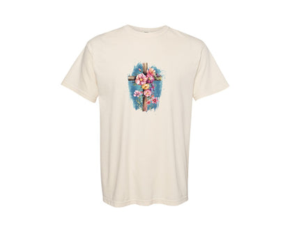 brand:Comfort Colors|color:Ivory|Floral Christian Cross Graphic T-Shirt