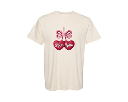 brand:Comfort Colors|color:Ivory|Knitted Love You Heart Cherry Design Graphic T-Shirt