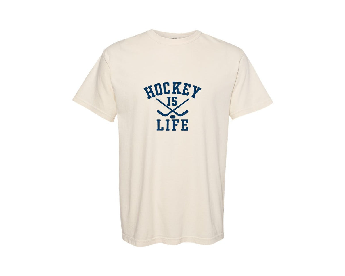 brand:Comfort Colors|color:Ivory|Hockey Is Life Retro Quote Graphic T-Shirt