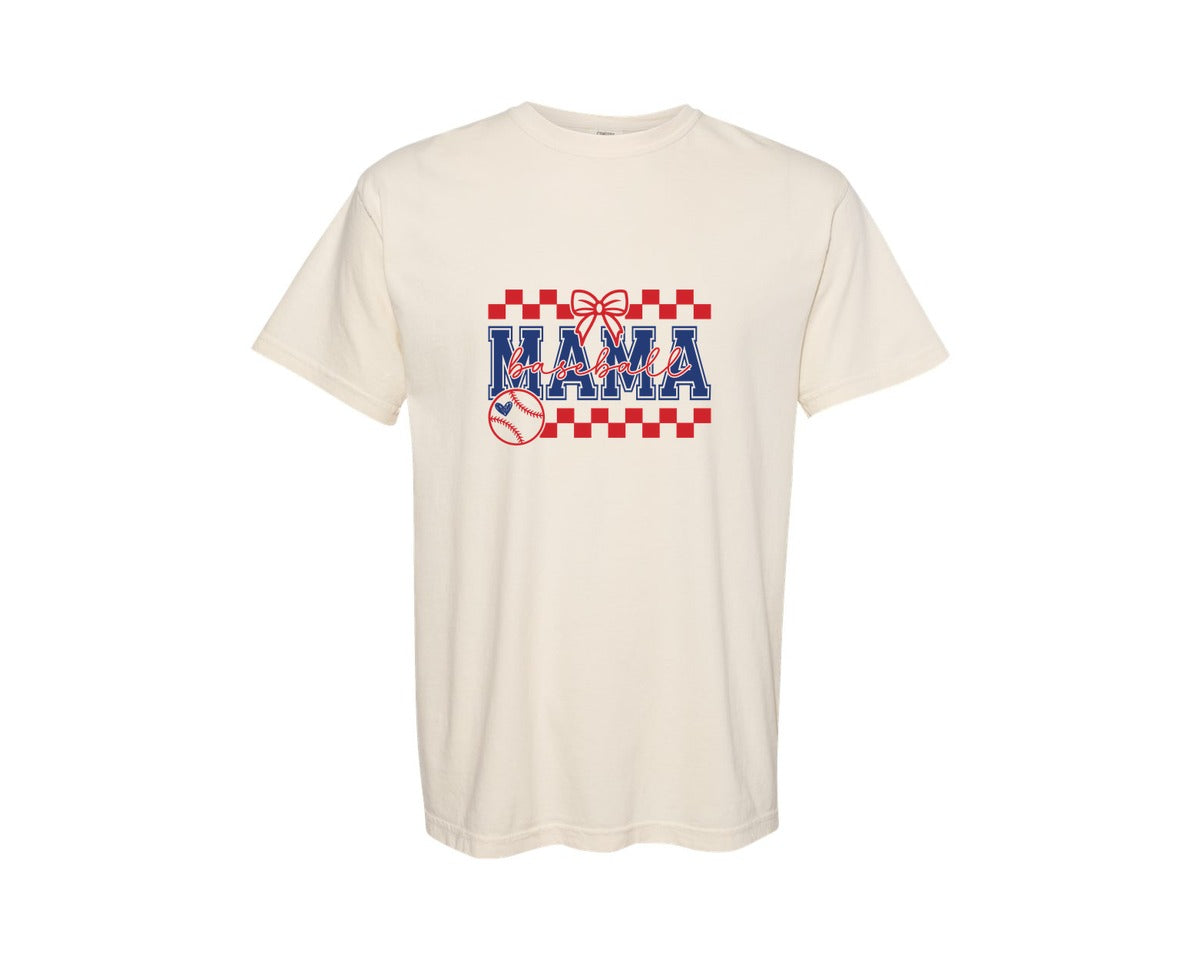 brand:Comfort Colors|color:Ivory|Retro Baseball Mama Checkered 2 Graphic T-Shirt