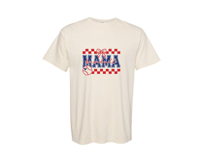 brand:Comfort Colors|color:Ivory|Retro Baseball Mama Checkered 2 Graphic T-Shirt