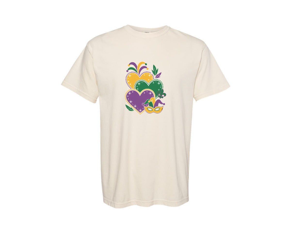 brand:Comfort Colors|color:Ivory|Mardi Gras Hearts Graphic T-Shirt