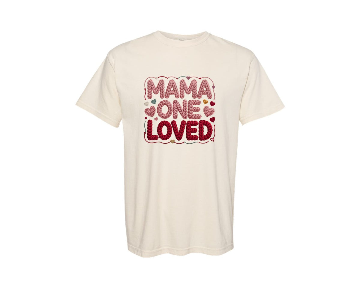 brand:Comfort Colors|color:Ivory|Knitted Mama One Loved Heart Mama Graphic T-Shirt