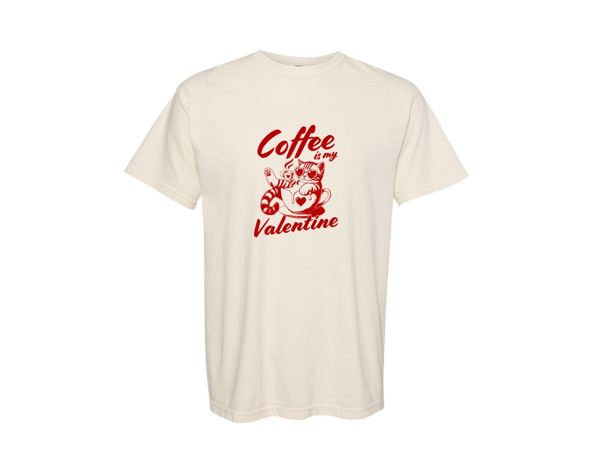 brand:Comfort Colors|color:Ivory|Funny Valentines Day Cat Coffee Graphic T-Shirt