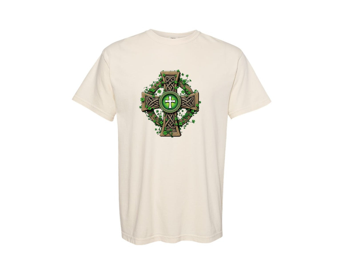 brand:Comfort Colors|color:Ivory|Celtic Cross With Shamrocks Irish Graphic T-Shirt