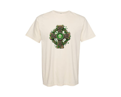 brand:Comfort Colors|color:Ivory|Celtic Cross With Shamrocks Irish Graphic T-Shirt