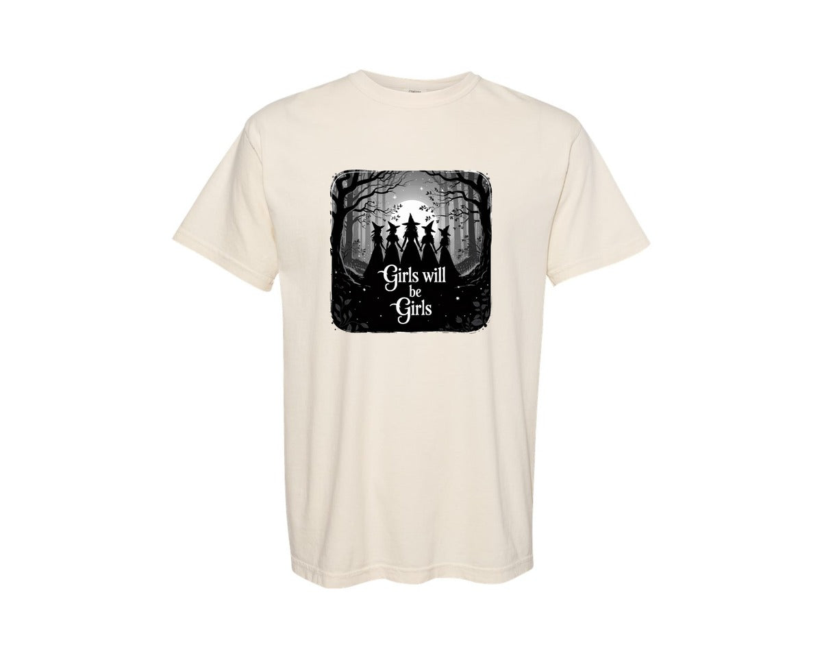 brand:Comfort Colors|color:Ivory|Girls Will Be Girls Feminist Witch Graphic T-Shirt